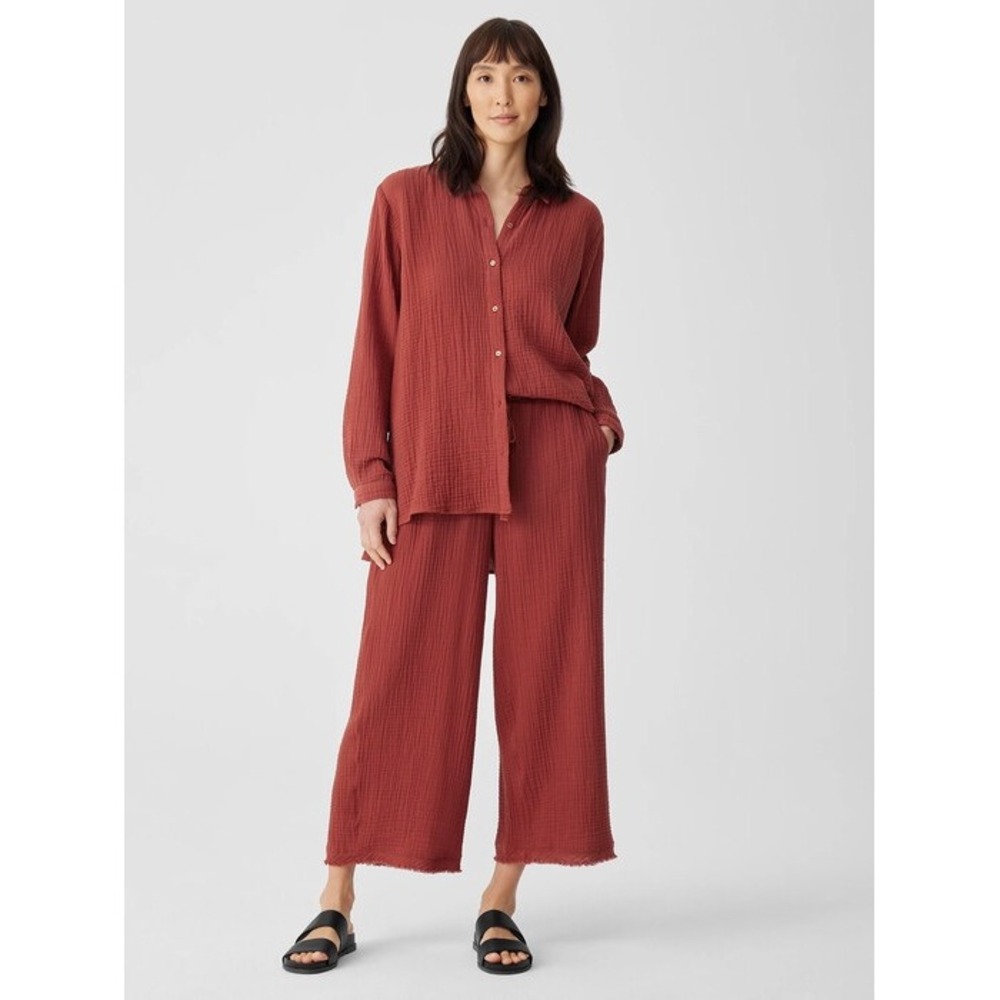 Eileen Fisher Organic Cotton Gauze Wide Leg Cropped Pants‎ Terra Cotta Petite
